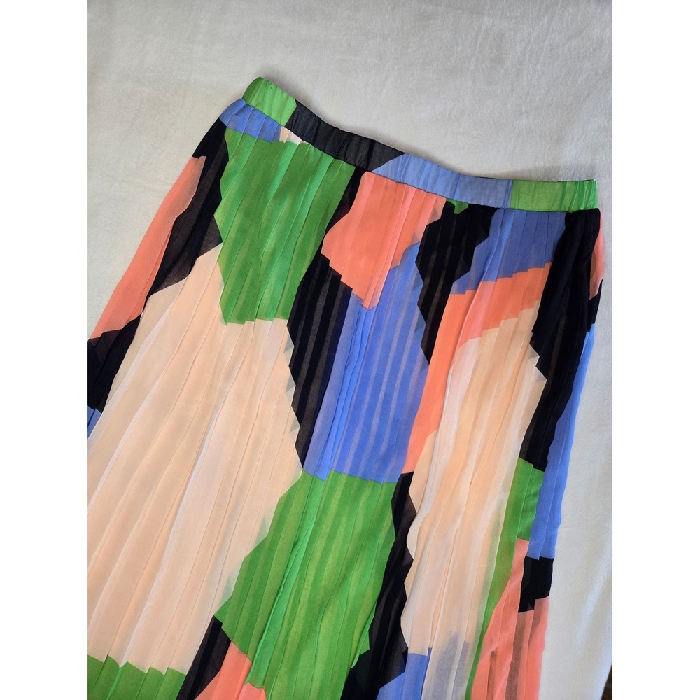 Banana Republic Abstract Geometric Pleated Midi Skirt Green Blue Coral Size M
